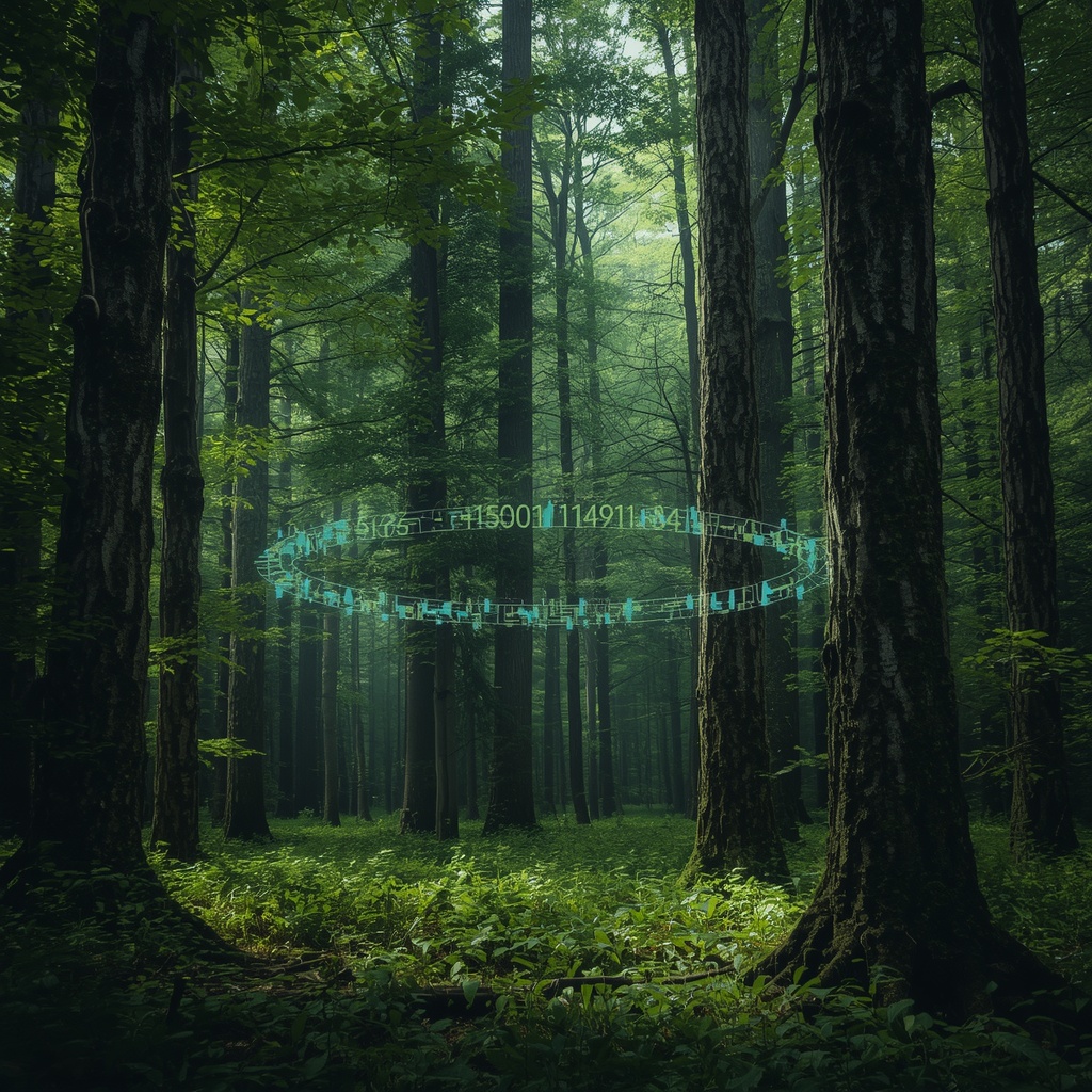 Dense green forest with futuristic holographic data displays floating between ancient trees, representing technology coexisting harmoniously with nature, drone monitoring vegetation health